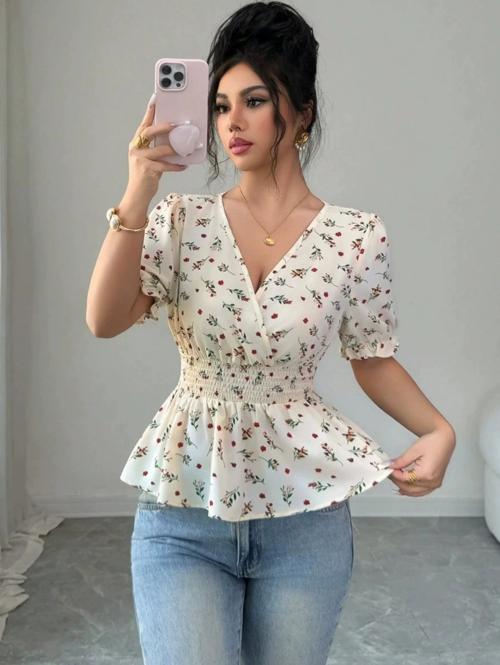 Zara Floral Print Fitted Short Sleeve Blouse Charming